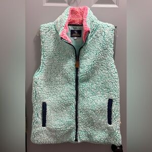 Simply Southern Sherpa Vest Aqua & Pink Full Zip Navy Trim Pockets Women’s Large